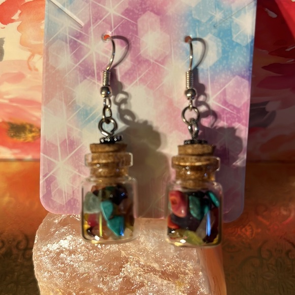 Handcrafted Mixed Semiprecious Stone in Glass Vials Silver Plated Earrings - Picture 5 of 5